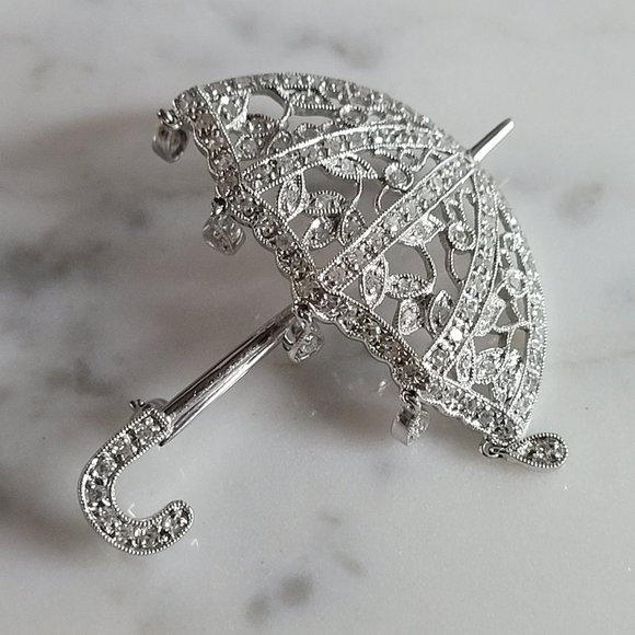 Women Vintage Estate 14k White Gold Diamond Parasol Umbrella Brooch 6.9g E7083